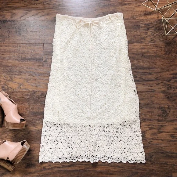 SOLD Rene Derhy • vintage crocheted skirt lace knit drawstring waist midi cream - Picture 2 of 14